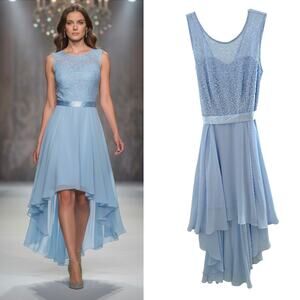 BeryLove Formal Party Dress Wmn's Sz L Blue Lace A-Line Asymmetrical Hi-Low Hem